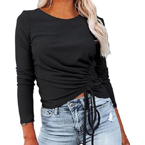 Women T-shirt Autumn Shirring Solid Color Women T-shirt Long Sleeve O Neck Tunic Long Sleeve Shirring Women T-shirt Streetwear