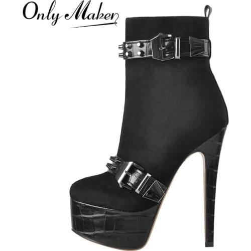 Onlymaker Womens Platform Ankle Booties Rivet Metal Buckles Decoration Flock Thin High Heels Shoes Crocodile Print Fashion