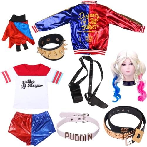 Suicide Cosplay Costumes Quinn Squad Women Harley Monster Jacket Pants Bracelet Belt Necklace Gloves Accessories Full Set