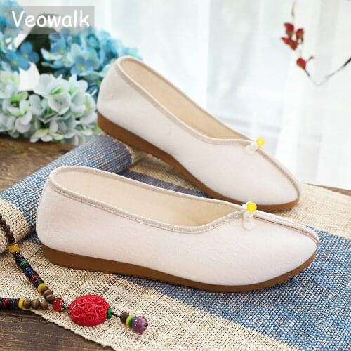 Veowalk Women Solid Plain Soft Cotton Fabric Ballet Flats Retro Ladies Comfortable Slip On Walking Driving Shoes Light Blue Pink