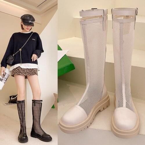 Woman Thigh High Boots Mesh Platform Gothic Shoes Hollow Summer Knee High-Top Martin Boot Female Breathable Punk Heels Black