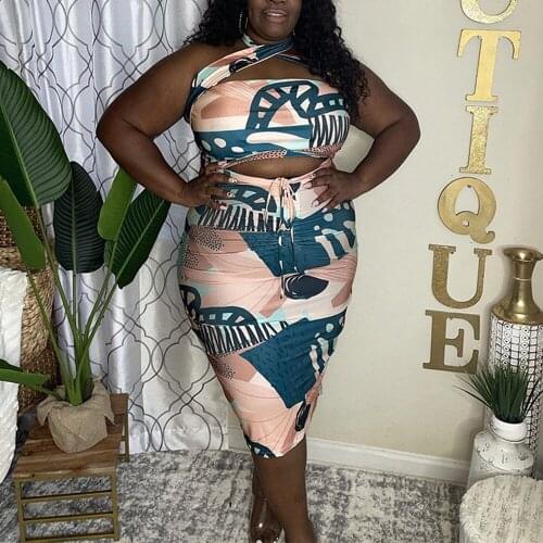 2 Piece Set Women Skirt and Crop Top Plus Size 4XL 5XL Printed Bodycon Sexy Evening Night Party Club Wear Outfits Matching Sets