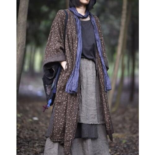 Print Floral Ladies Long Coat 2021 Autumn Winter Big Size Retro Cotton Linen Lace-up Windbreaker Casual Fashion Streetwear Coat