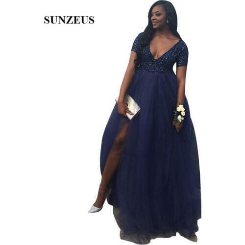 Tule Jurk Dames A-line V-neck Short Sleeves Prom Dress Sequins Top Long Tulle Party Gowns Women Split Side Navy Blue Formal Wear