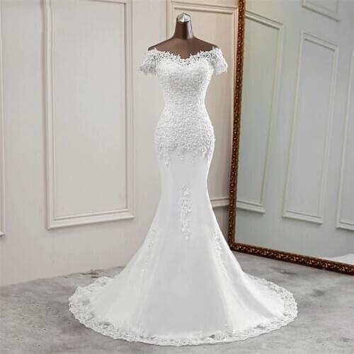 2021 Sexy Wedding Dress Applique Flower Elegant Lace Back Lace Beautiful Mermaid Dress For Bride