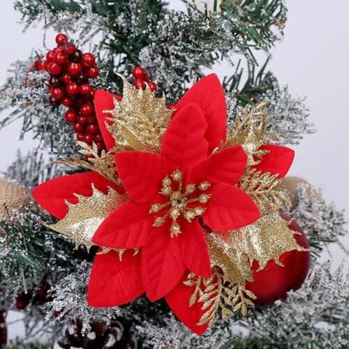 13cm 2022 Christmas Decoration Faux Berries Artificial Poinsettia Flower Christmas Wreath Garland Xmas Tree Ornament Decor