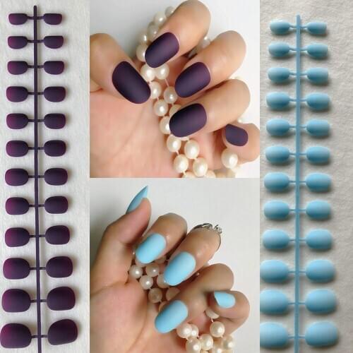 24 pcs / set of DIY fake nails acrylic press nails purple/ sky blue false nails square short oval Matt removable Manicure Set