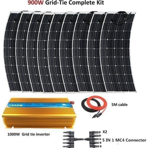 9pcs 100W Flexible Solar Panel Module with 1000W inverter 900W Grid tie System solar panel home system kit