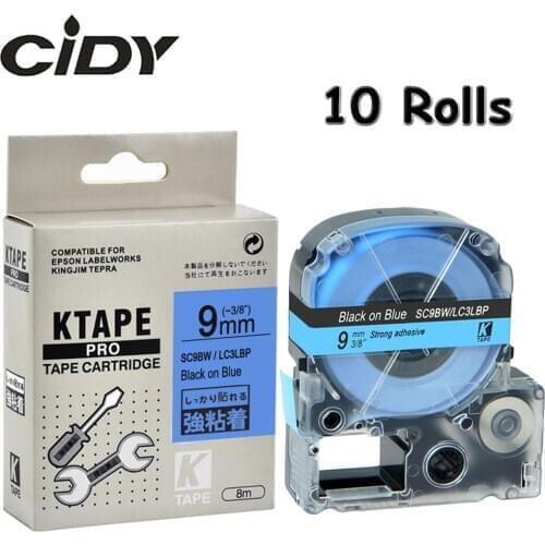 CIDY 10Pcs Compatible SC9BW/LC-3LBP LC3LBP9 9mm Black on Blue label tape for kingjim/epson label maker LW400 LW700 LW800 SR150