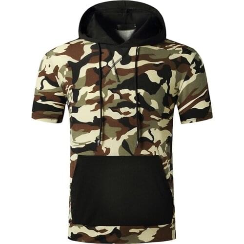 Mens Camouflage Short Sleeve Hoodie T Shirts Hipster Streetwear Casual T Shirt Men Athletic Running Gym Workout Tshirt Male XXL