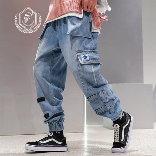Men Loose Safari Style Harem Jogger Jeans Fashion Pockets Ankle-Length Hip Hop Jeans