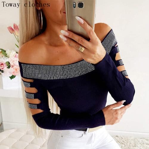 Diamond Hollow Out T Shirt Women Sexy Long Sleeve Casual Tops Sexy Slash Neck Slim Harajuku Shirt Femme