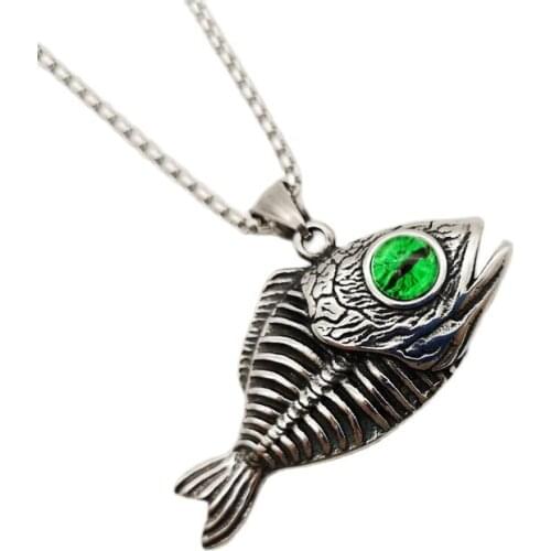 Gothetic Green eyes Piranha bones skull pendant necklace Vintage silver color stainless steel fish bones skull necklace BLKN0790