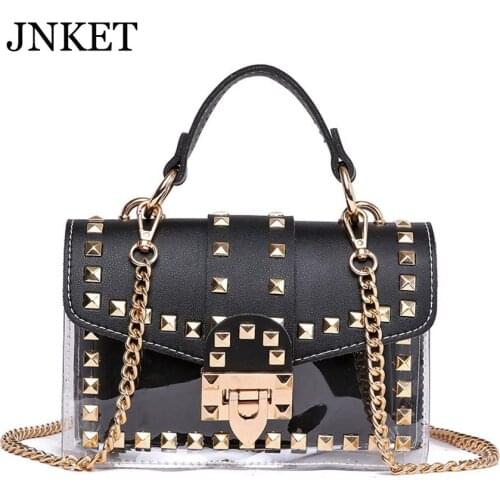 JNKET Women PU Leather Shoulder Bag PVC Transparent Bag Punk Style Rivet Handbag Chain Crossbody Bags for Girls