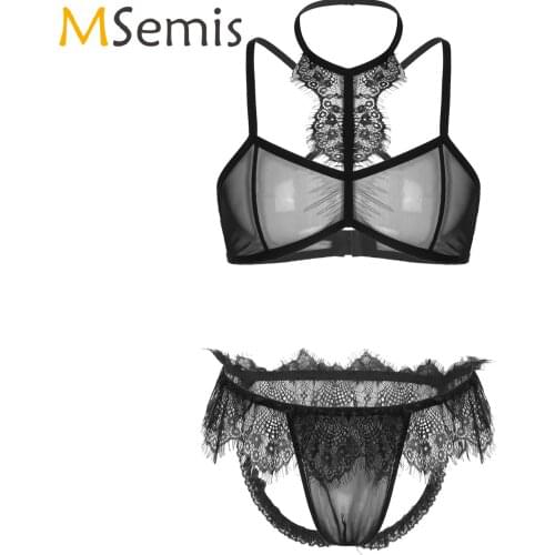 MSemis Male Sexy See Through Sheer Lace Trim Lingerie Set Transparent Bra Top Open Butt Jockstrap Briefs Sissy Panties Underwear