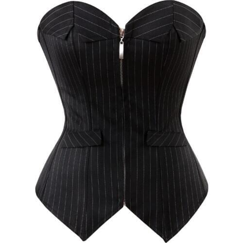 Sexy Office Court Shaper Strapless Lady Sexy Black Stripes Lace up Corsets with Zip Overbust Corset