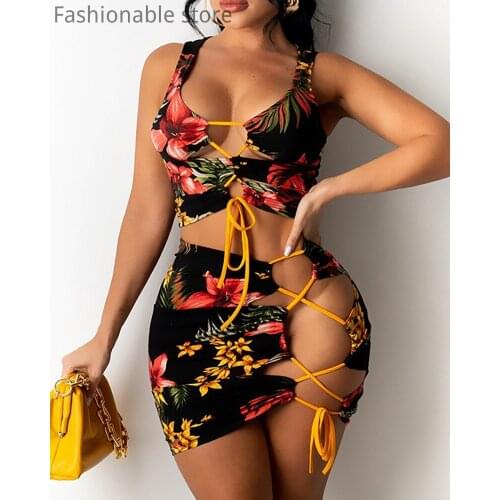 Summer Women Floral Print 2 Piece Set Lace-Up Sleeveless Crop Top & High Waist Skirt Sets