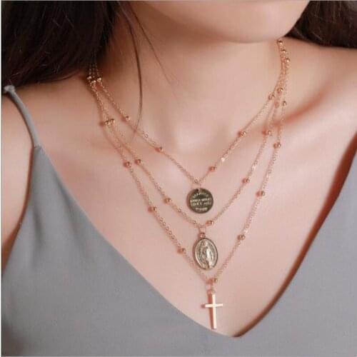 Multi-Layer Cross Pendant Necklace Alloy Coin Pendant Carved Jesus Letter Nameplate Hip Hop Punk Jewelry Necklace For Women Gift