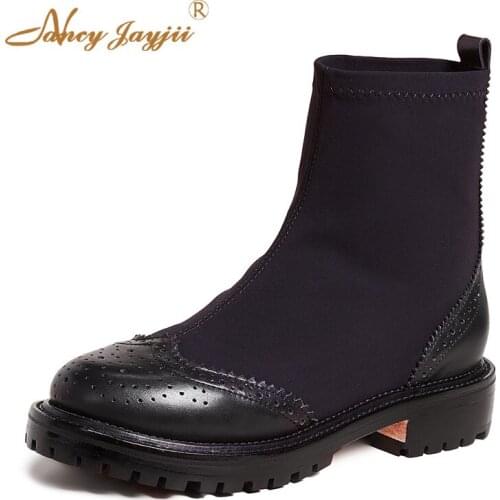 Stretch Fabric Ankle Boots Slip-On Round Toe Ladies Winter Black Square Heel Short Plush Shoes Woman Patchwork 2021