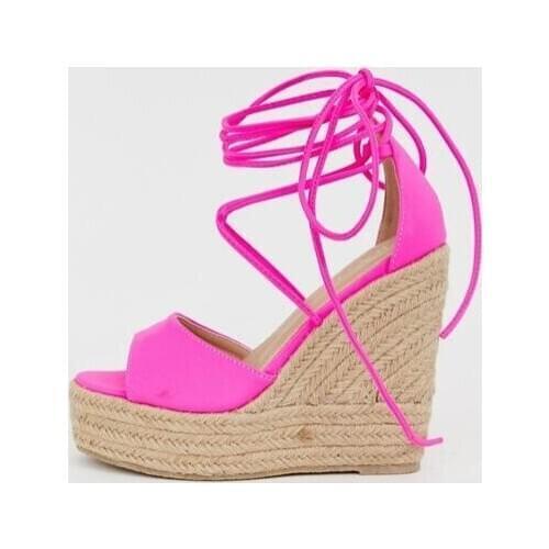 Newest 2019 Pink Suede Weave Braid Women Wedge Sandals Peep Toe High Platform Ankle Strap Cross-tied Summer Shoes Cut-out Wedges