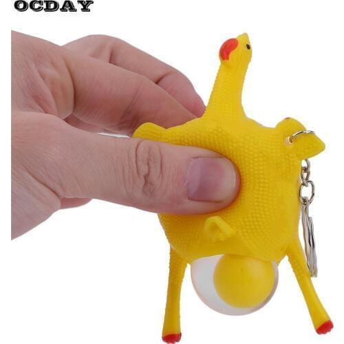 OCDAY Novelty Squeeze Laying Egg Hens Chicken Toys Vent Chicken Whole Egg Funny Toy with Keychain Anti-stress Prank Toy for Kids