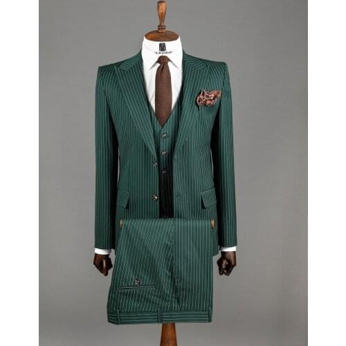 Jacket+Pants+Vest) Summer Costume Homme Green Pinstripe Male Suit Peak Lapel Groomsman Suit 2 Piece Man Blazer Custom Made