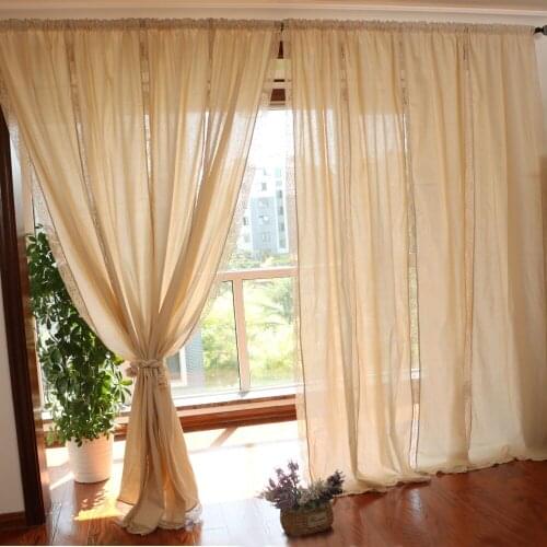 Retro Simple Style Beige/Blue Cotton Linen Splice Crochet Lace Living room/ bedroom/Bay window Finished curtain 175*255cm