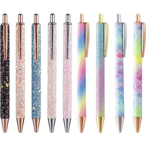 1+10 Pcs Kawaii Flash Crystal Pen Metal Ballpoint Pen Refill Rod Set BallPen Black Blue Bullet 1.0mm Office School Stationery