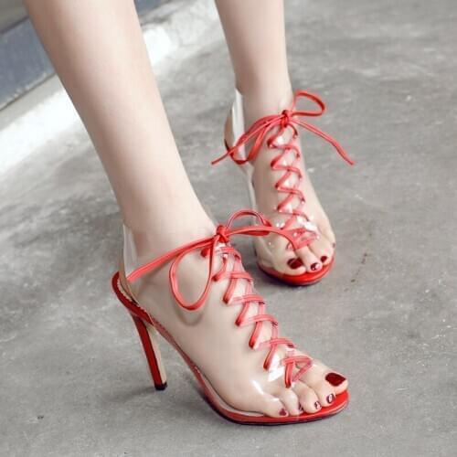 Sexy PVC Transparent Gladiator Sandals Peep Toe Shoes Clear Fine heel heels Sandals Women 35-42 Lace up Sandals