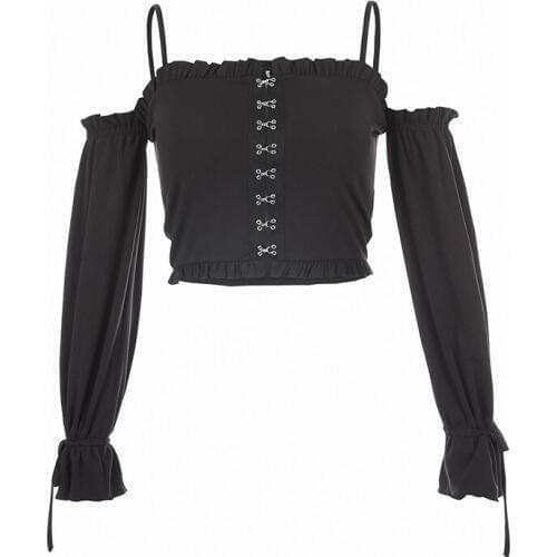 SEASONS Single Breasted Slash Long Sleeve t shirt Women Black High Street Tee Shirt Femme Spring Summer Crop Top 2020 ASTS80406