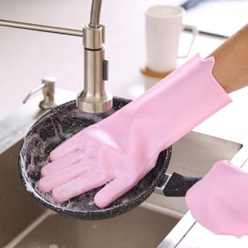 Silicone Dishwashing Gloves Wash Cleaning Gloves With Sponge Scrubbers For Washing Kitchen Bathroom Car & More