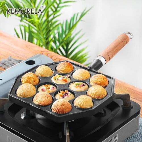 12/14 Hole Octopus Balls Fry Pan Cast Iron Non-Stick Omelette Mold Wooden Handle Quail Household Shrimp Egg Frying Pan Cookware