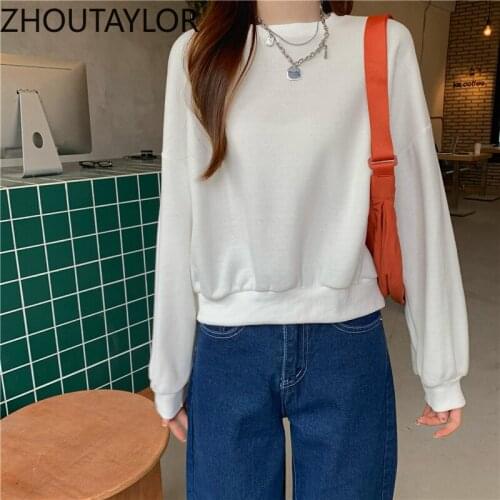 ZHOUTAYLOR Sweatshirt Women Fashion Short Office Lady Pullovers Femme Full Sleeve O-Neck Loose Autumn New Tops Female S0682
