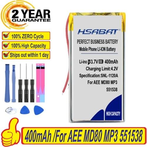Top Brand 100% New 400mAh 551538 Battery for AEE MD80 MP3 551538 headset Batteries