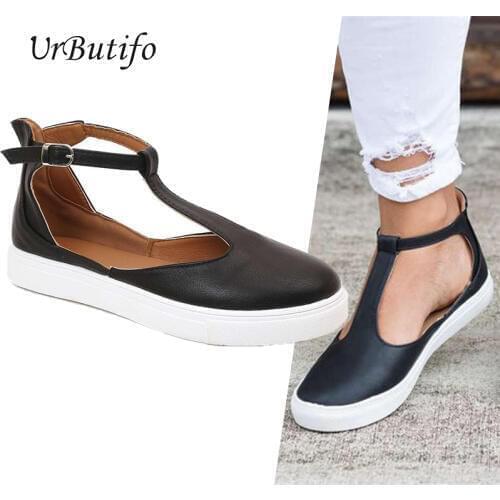 UrButifo Women Sandals Soft Leather Gladiator Sandals Women Buckle Strap Flat Sandals Black Casual Ladies Shoes Zapatos Mujer