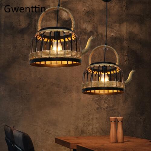 Vintage Hemp Rope Teapot Pendant Light Led Retro Iron Pot Hanging Lights for Kitchen Restaurant Bar Loft Decor Industrial Lamp