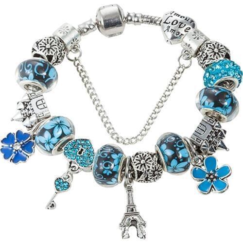 VIOVIA High Quality Crystal Iron Tower Beads Fit Bracelet Key and Lock Fit Original Charm Bracelets For Women DIY Jewelry B16008