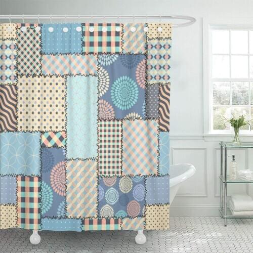 Continuity Pattern Blue Retro Patchwork of Rectangles Curve Quilt Shower Curtain Waterproof 72 x 72 Inches Set with Hooks