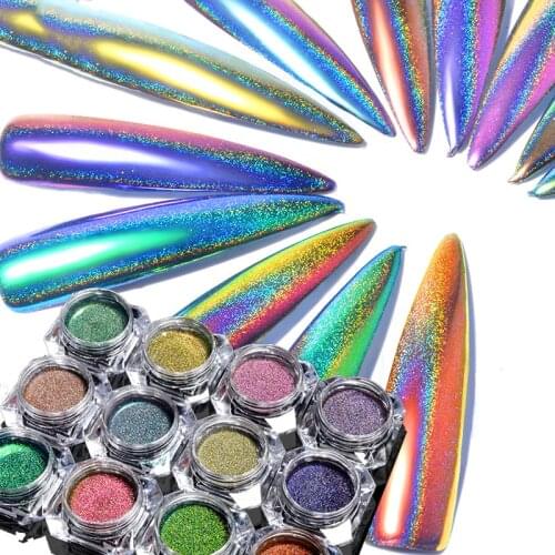 1 Box 12 colors Holographic Powder Mirror Laser Fine Holo Pigment Chameleon Mirror Peacock Nail Art Glitter Holographic powder