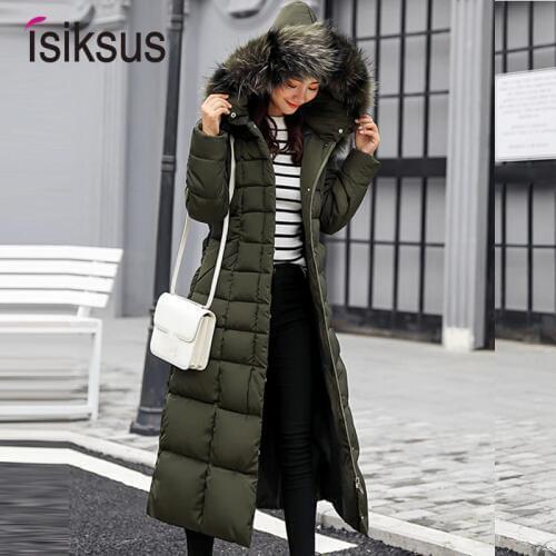 Isiksus Padded Warm Down Jackets Womens Winter Plus Size Long Quilted Black Hooded Fur Coat Jacket 2018 Parkas for Women WP013
