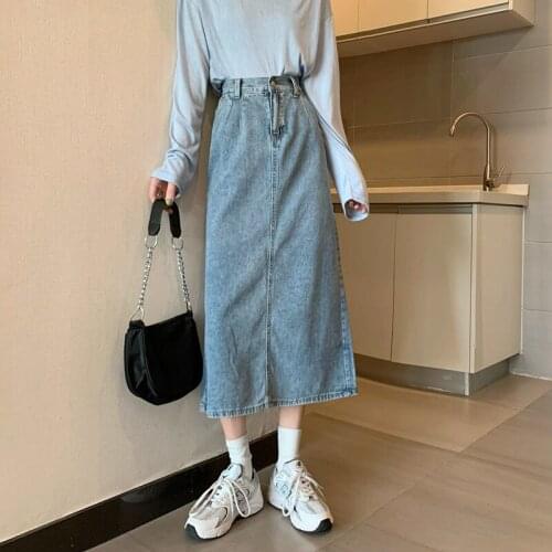2021Summer Women Skirt New Korean Commute Female Half-Length High Waist Mid-Length Split Denim A-line Package Hip Soild Skirt