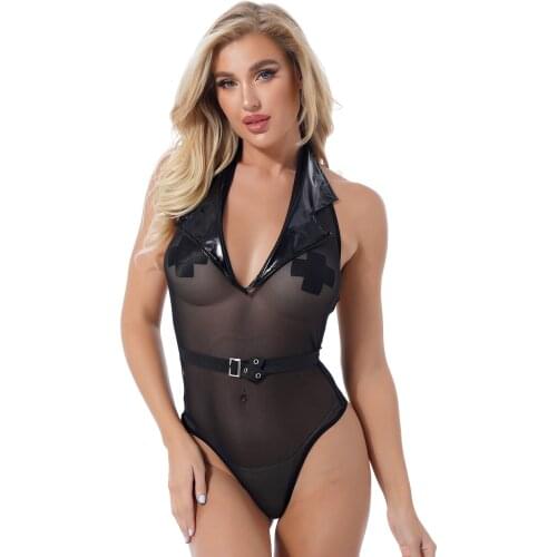 Ladies Deep V Neck Notch Lapel Jumpsuits See through Sheer Mesh Patchwork Skinny Romper Halter Adjustable Buckle Leotard Catsuit