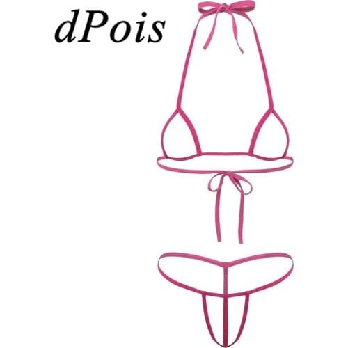 2Pcs Womens Micro Hollow Out Bikini Lingerie Set Open Cups Halter Neck Self-tie Bra Top + G-String Briefs Underwear