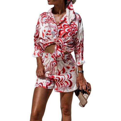 2 Pcs Women Summer Printed Holiday Beach Casual Outfits, Adults Button Down Long Sleeve Lapel Shirt + Shorts with Pocket