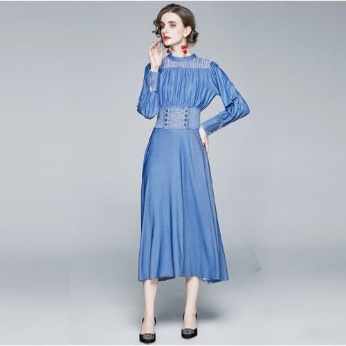 Womens Spring and Autumn New Long Sleeve Tencel Denim Dress High-Waist Blue A- line