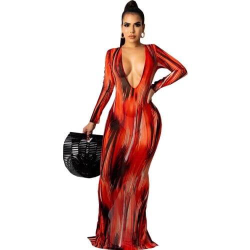 2021 Long Sleeve Tie Dyeing Print Deep V-neck Bodycon Long Dress Autumn Women New Fashion Streetwear Party Elegant Outfits