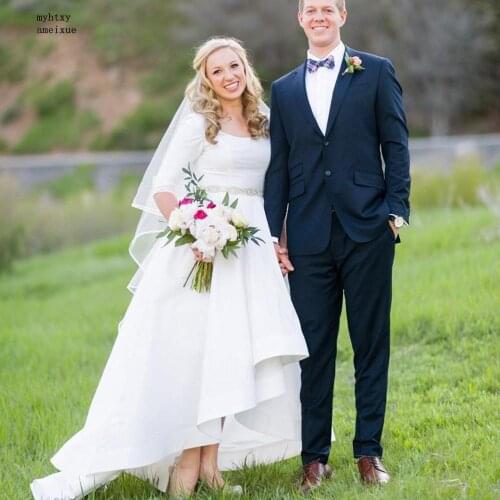 Sexy 2020 Plus Size Satin High Low Wedding Dresses Half Sleeve Garden Bohemian Country Bride Dresses Vestidos Novia Bridal Gowns
