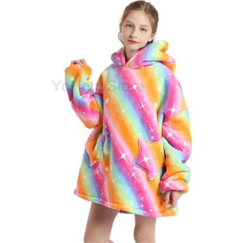Full Sleeves Winter Bathrobe Fleece Hooded Cartoon Rainbow Unicorn Toddler Girls Pajama Sofa Super Warm Wearable Blanket Hoodie