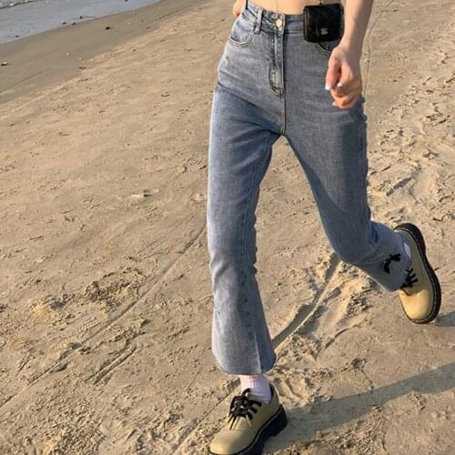 2021 Fashion Sweet Kawaii Girl Bowknot Micro-flared Pants Womens Summer Large Size Split High-waisted Jeans Straight Nine Pants