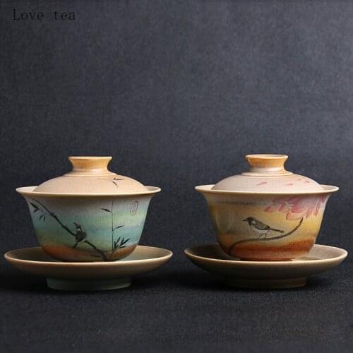 Retro style tea set cover bowl stoneware three-color bowl Xuanwen Miao Jinjing Kungfu tea set exquisite teacup single cup